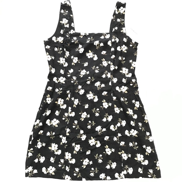 NWT Old Navy Square Neck Linen Blend Mini Dress Black White Floral M Petite - Picture 1 of 14